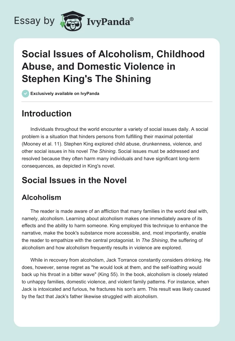 Social Issues of Alcoholism, Childhood Abuse, and Domestic Violence in Stephen King's "The Shining". Page 1
