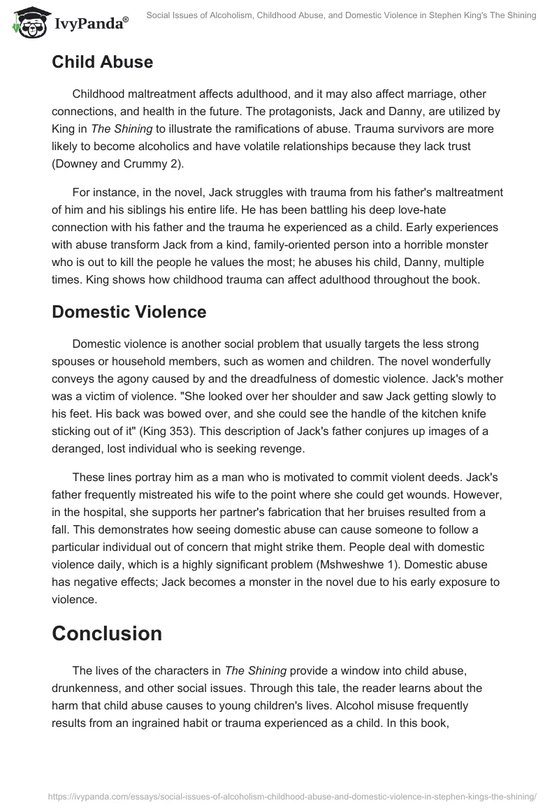 Social Issues of Alcoholism, Childhood Abuse, and Domestic Violence in Stephen King's "The Shining". Page 2