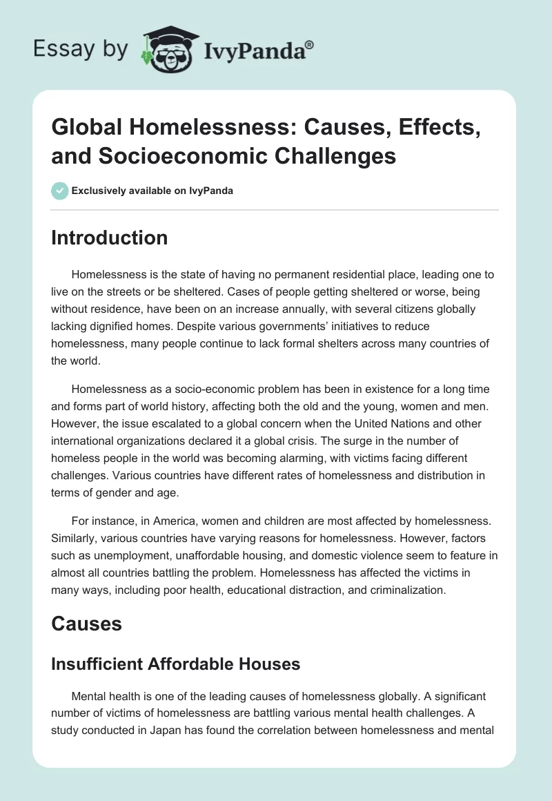 Global Homelessness: Causes, Effects, and Socioeconomic Challenges. Page 1