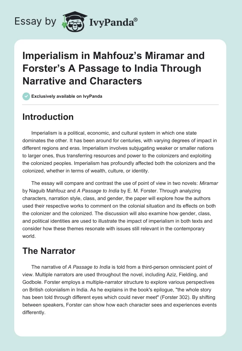 Imperialism in Mahfouz’s Miramar and Forster’s A Passage to India Through Narrative and Characters. Page 1