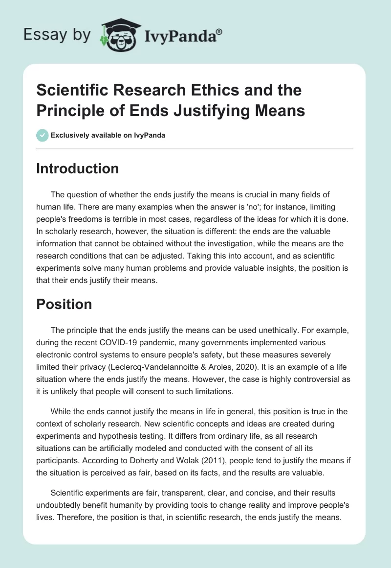 Scientific Research Ethics and the Principle of Ends Justifying Means. Page 1