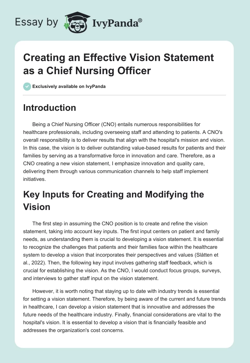 Creating an Effective Vision Statement as a Chief Nursing Officer. Page 1