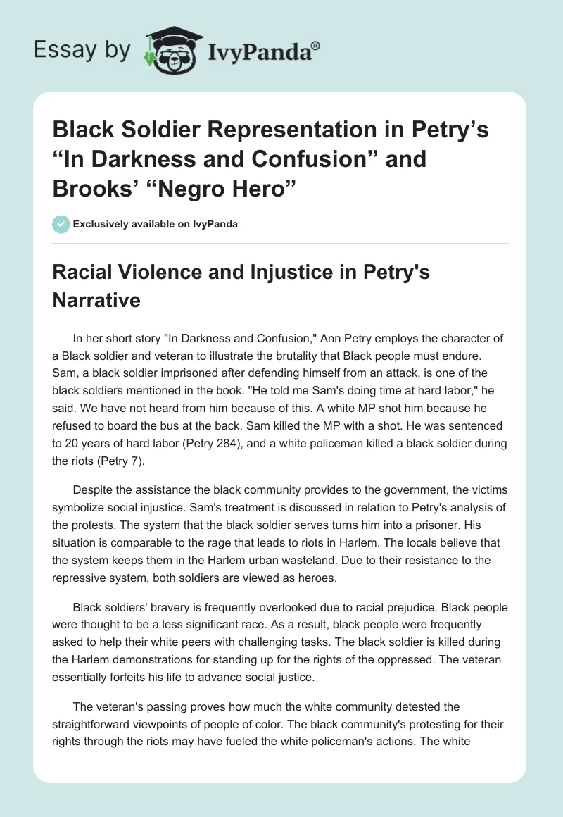 Black Soldier Representation in Petry’s “In Darkness and Confusion” and Brooks’ “Negro Hero”. Page 1