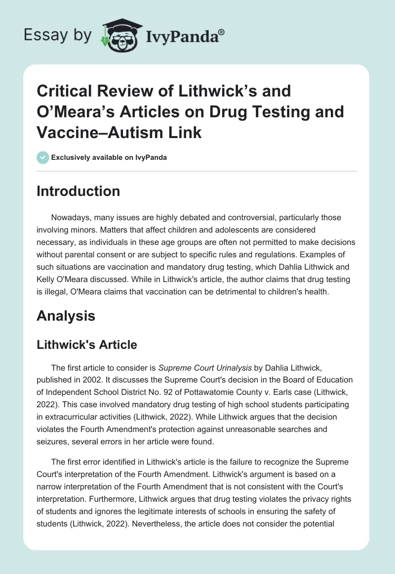 Critical Review of Lithwick’s and O’Meara’s Articles on Drug Testing and Vaccine–Autism Link. Page 1
