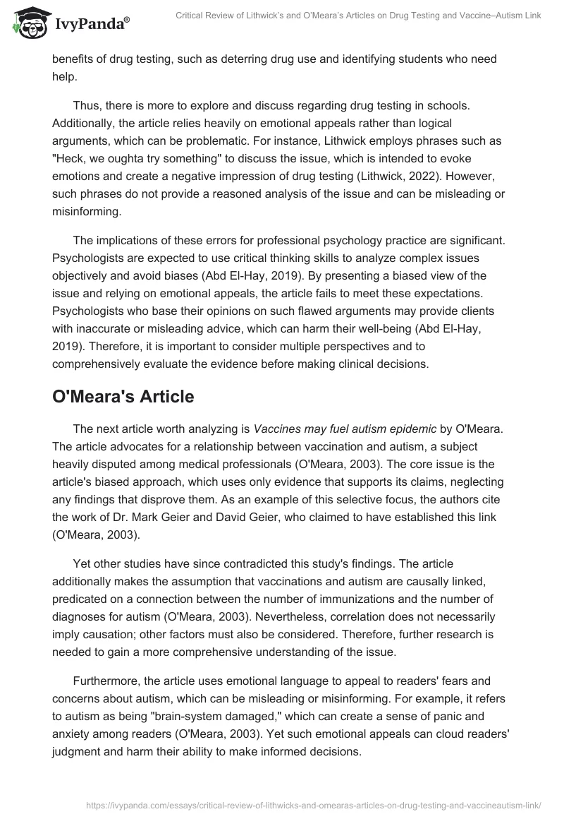 Critical Review of Lithwick’s and O’Meara’s Articles on Drug Testing and Vaccine–Autism Link. Page 2