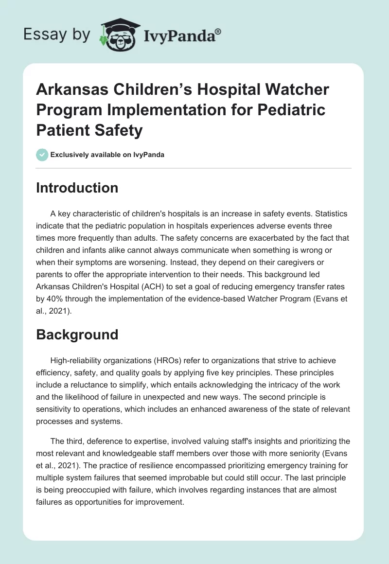 Arkansas Children’s Hospital Watcher Program Implementation for Pediatric Patient Safety. Page 1