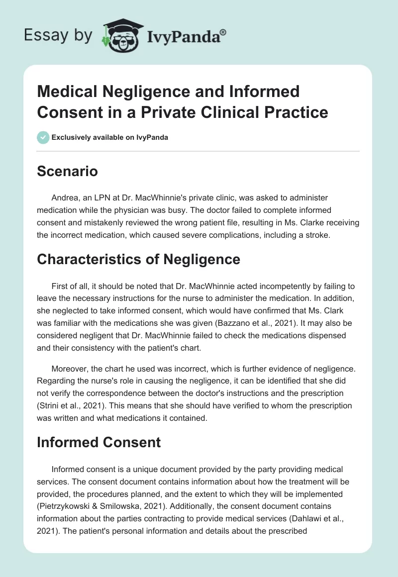 Medical Negligence and Informed Consent in a Private Clinical Practice. Page 1