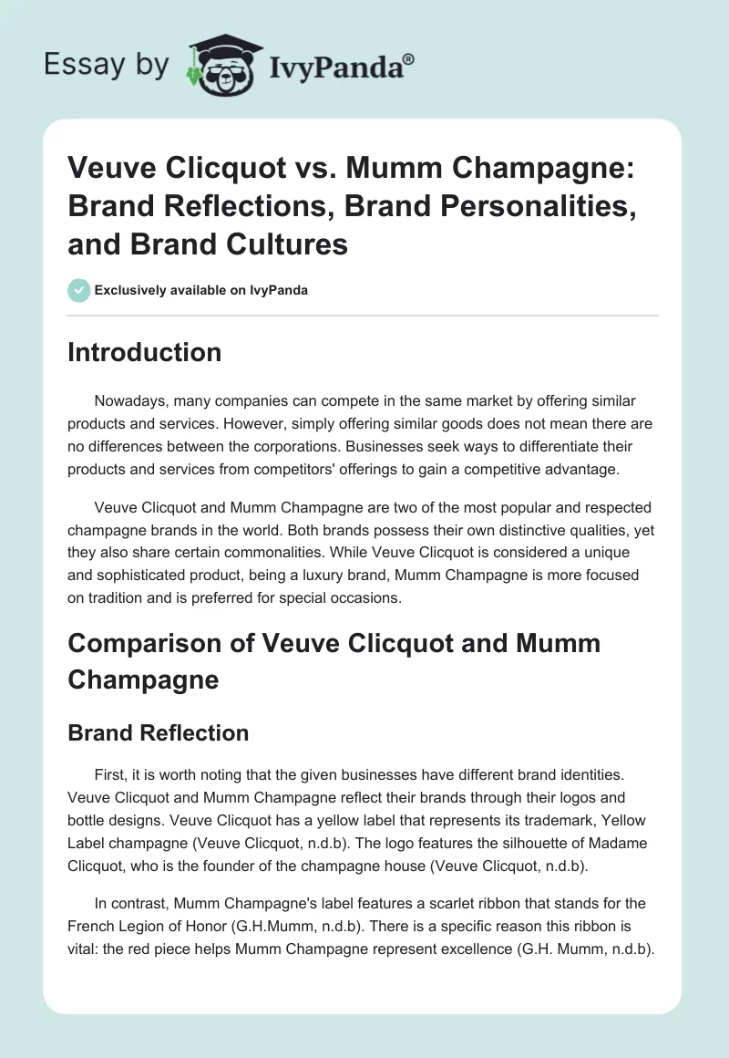 Veuve Clicquot vs. Mumm Champagne: Brand Reflections, Brand Personalities, and Brand Cultures. Page 1