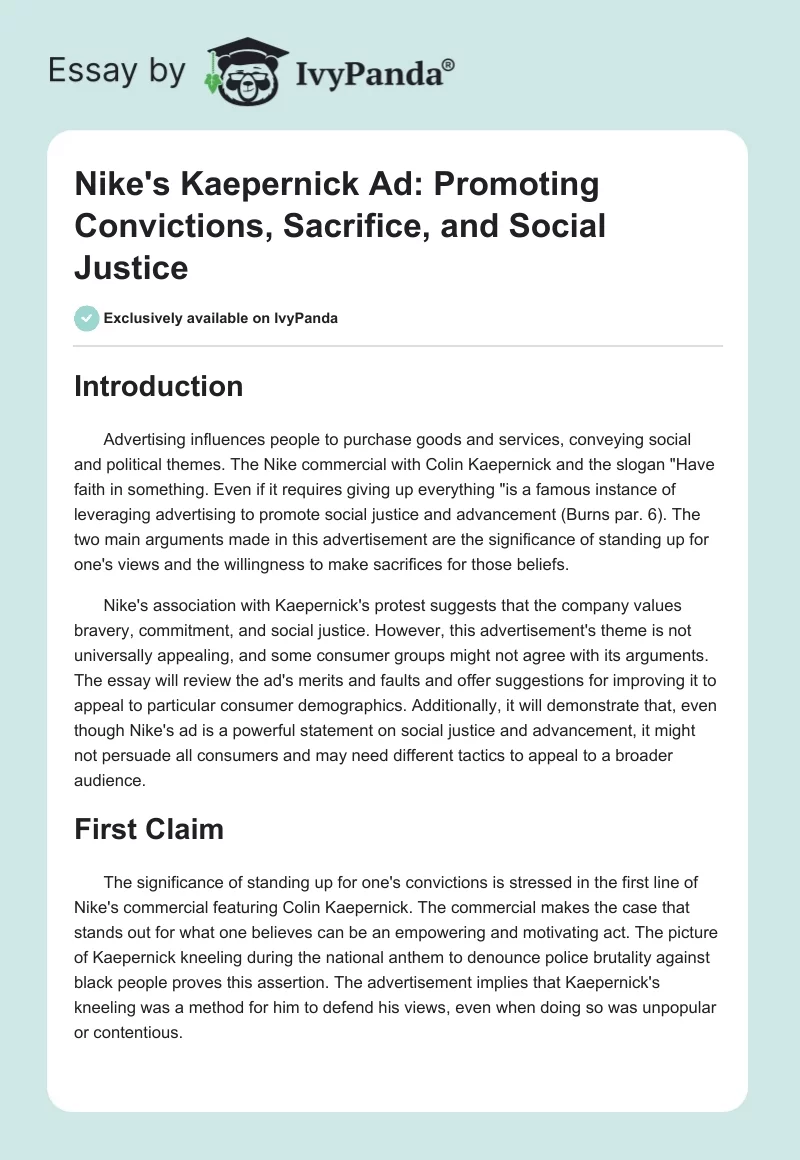 Nike's Kaepernick Ad: Promoting Convictions, Sacrifice, and Social Justice. Page 1