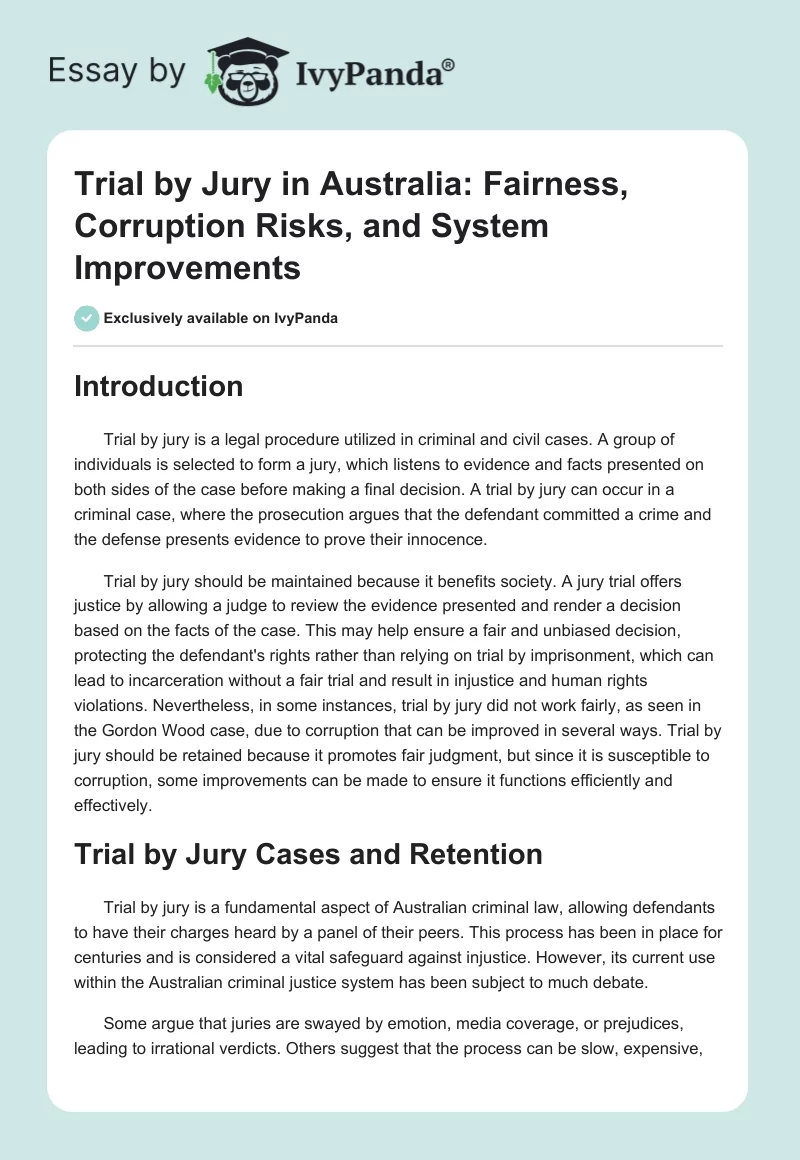 Trial by Jury in Australia: Fairness, Corruption Risks, and System Improvements. Page 1