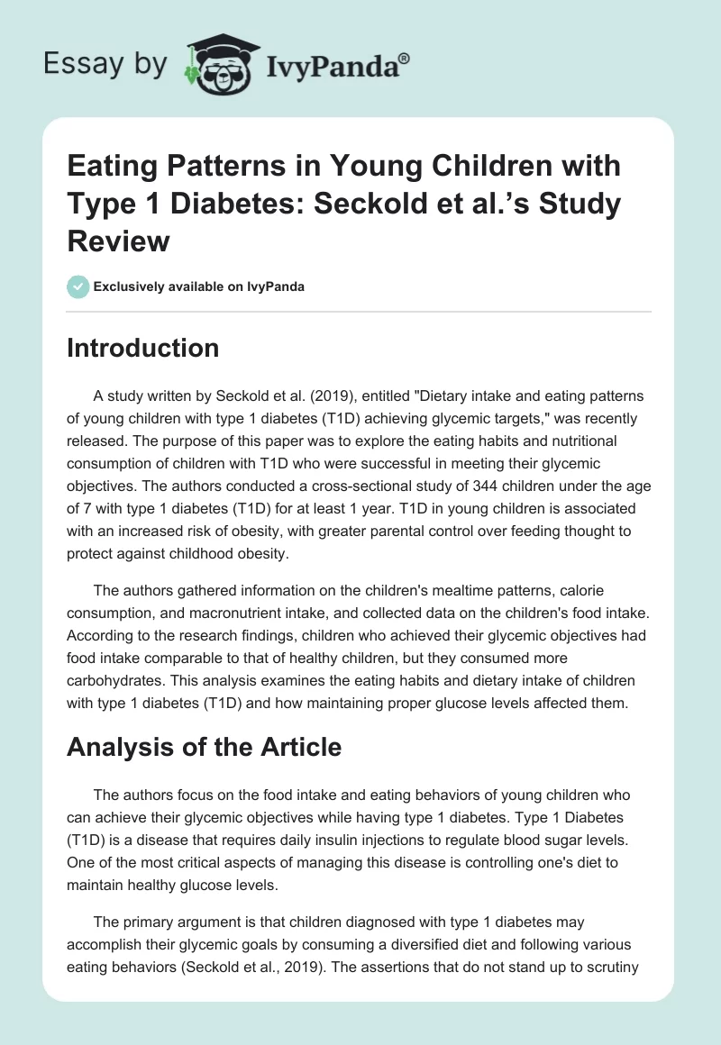 Eating Patterns in Young Children with Type 1 Diabetes: Seckold et al.’s Study Review. Page 1