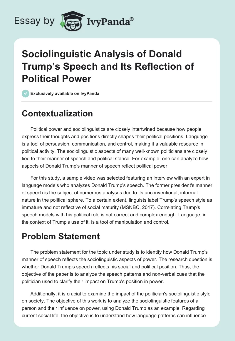 Sociolinguistic Analysis of Donald Trump’s Speech and Its Reflection of Political Power. Page 1