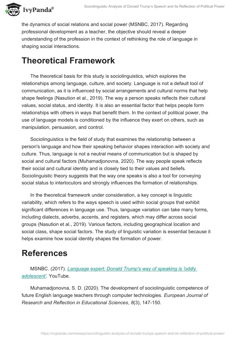 Sociolinguistic Analysis of Donald Trump’s Speech and Its Reflection of Political Power. Page 2