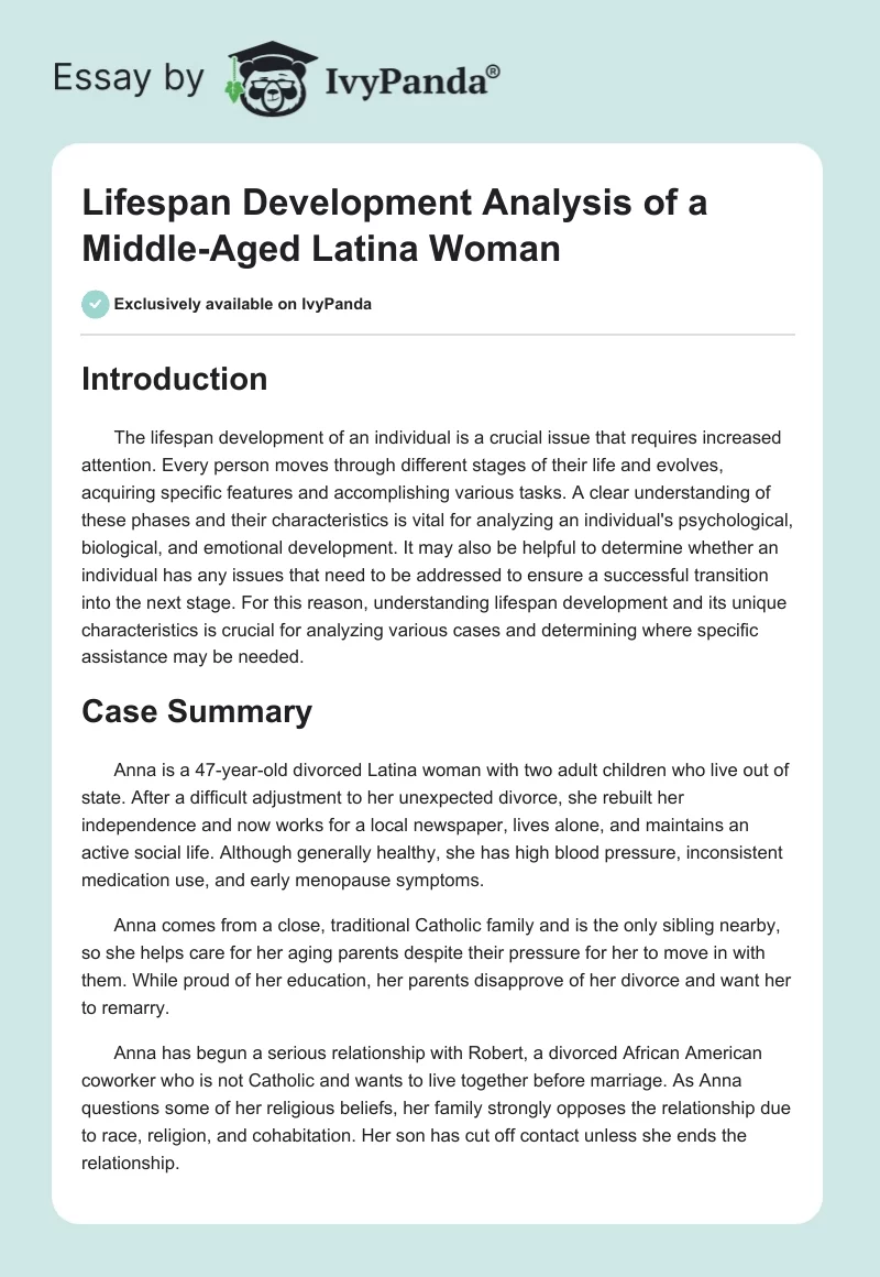 Lifespan Development Analysis of a Middle-Aged Latina Woman. Page 1