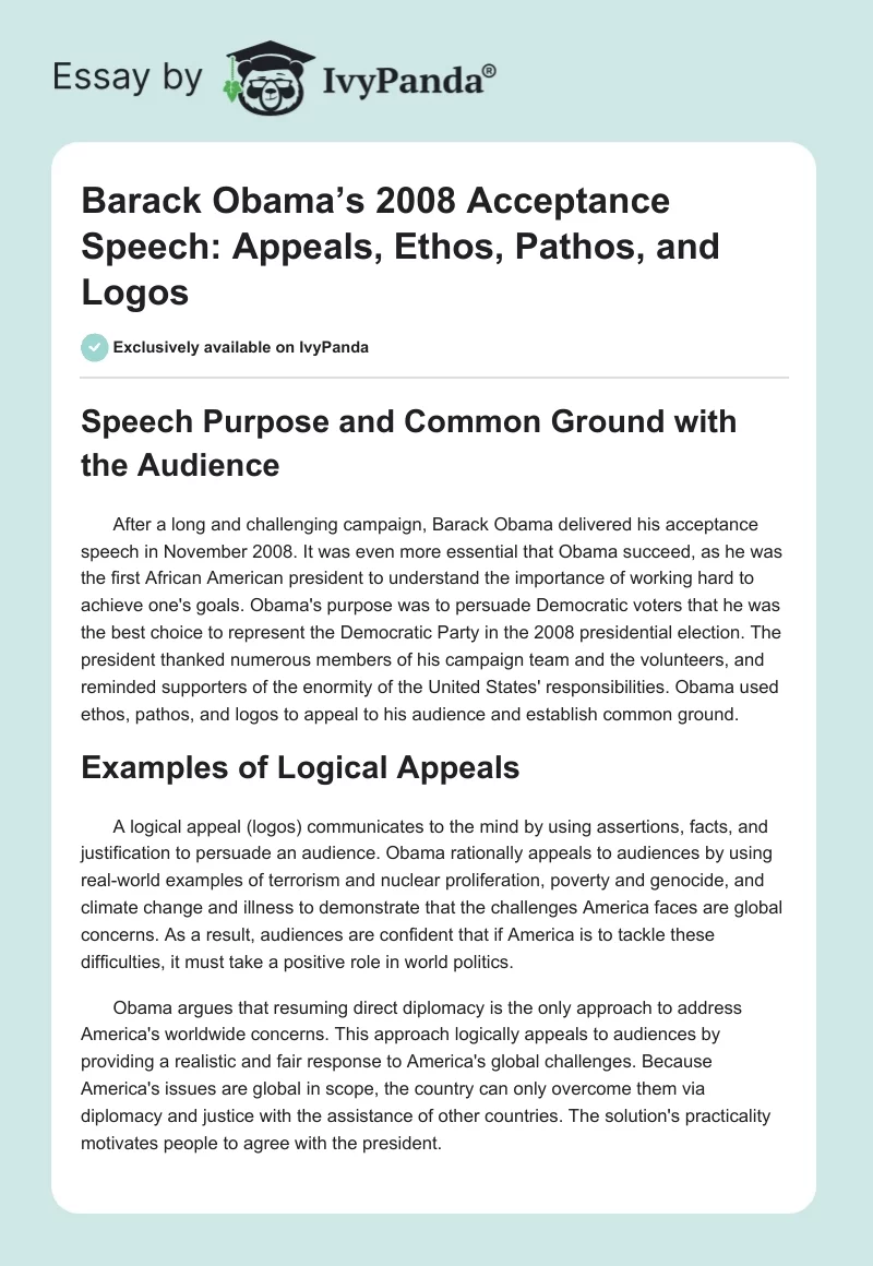 Barack Obama’s 2008 Acceptance Speech: Appeals, Ethos, Pathos, and Logos. Page 1