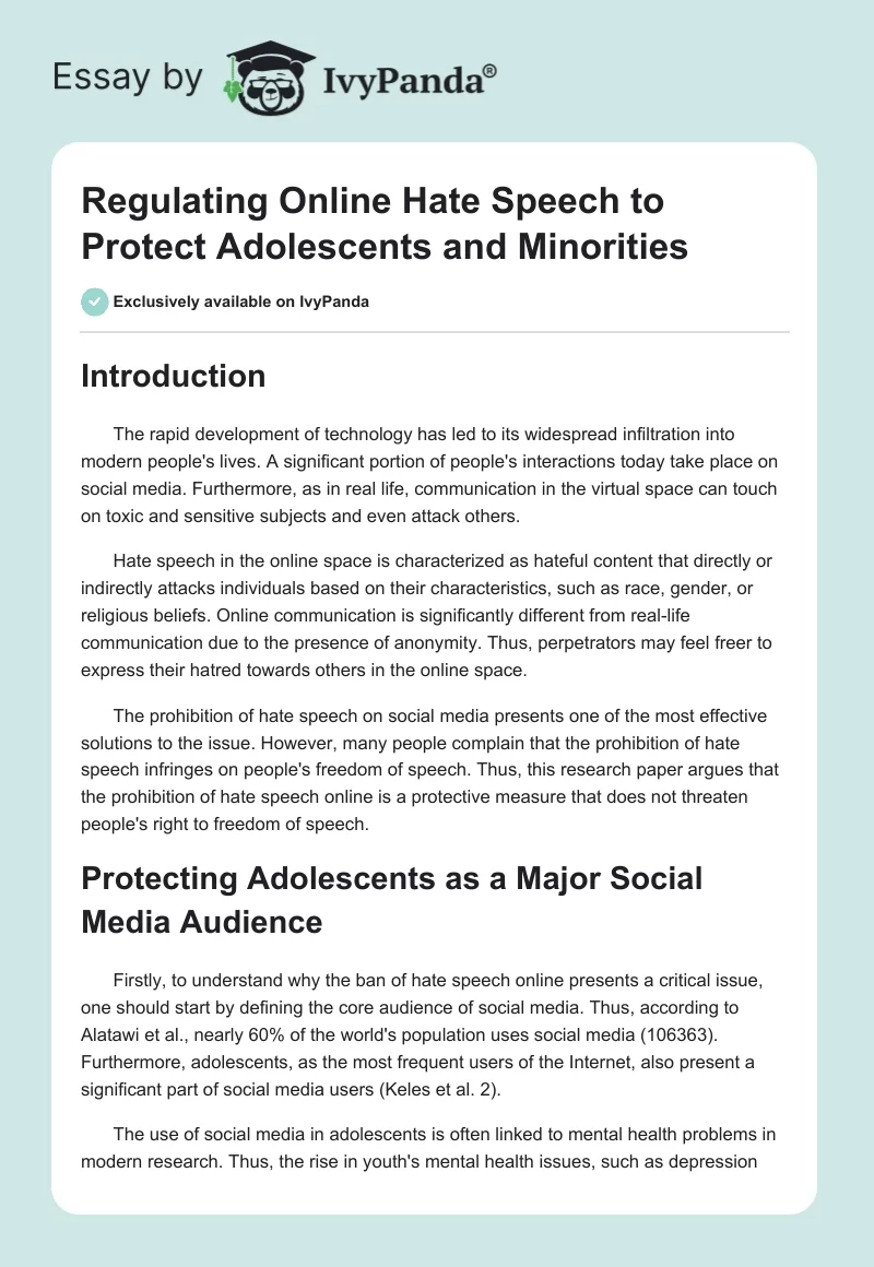 Regulating Online Hate Speech to Protect Adolescents and Minorities. Page 1