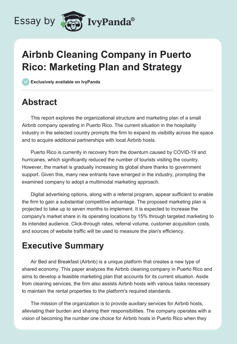 Airbnb Cleaning Company in Puerto Rico: Marketing Plan and Strategy. Page 1