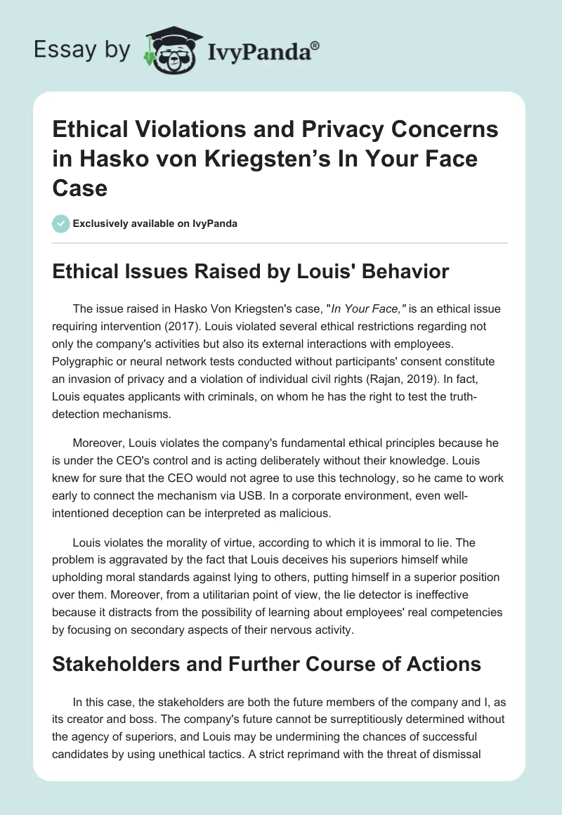 Ethical Violations and Privacy Concerns in Hasko von Kriegsten’s In Your Face Case. Page 1