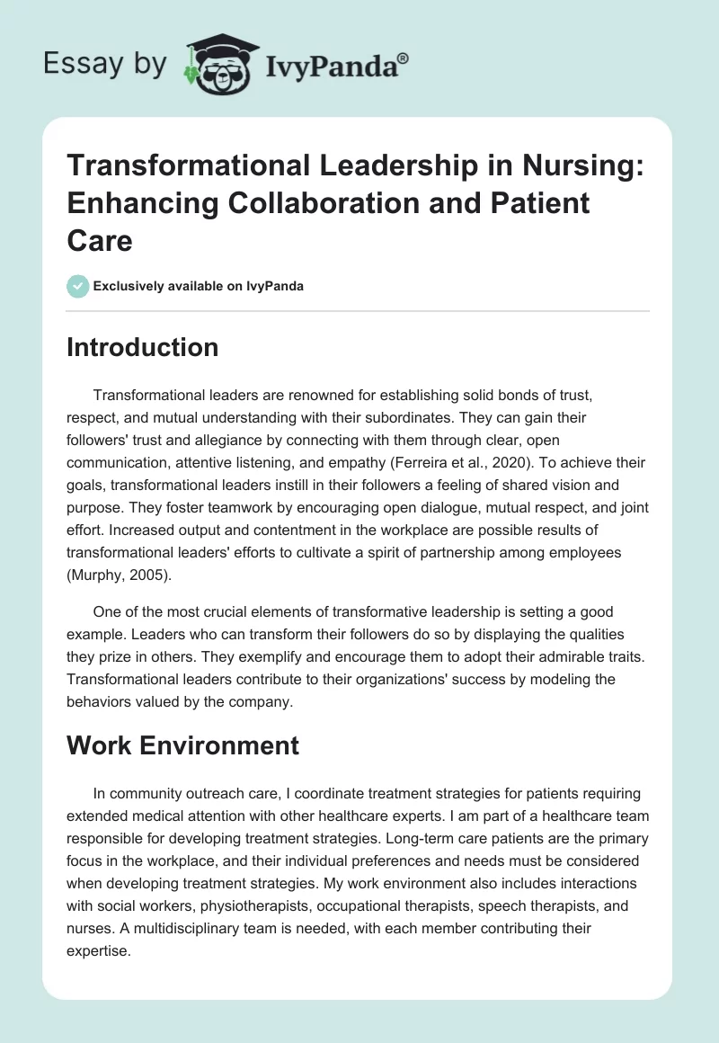 Transformational Leadership in Nursing: Enhancing Collaboration and Patient Care. Page 1