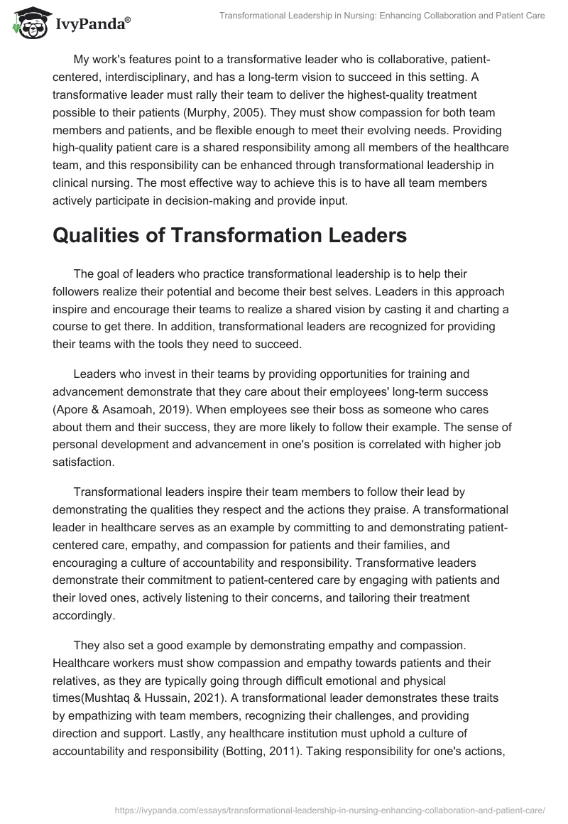 Transformational Leadership in Nursing: Enhancing Collaboration and Patient Care. Page 2