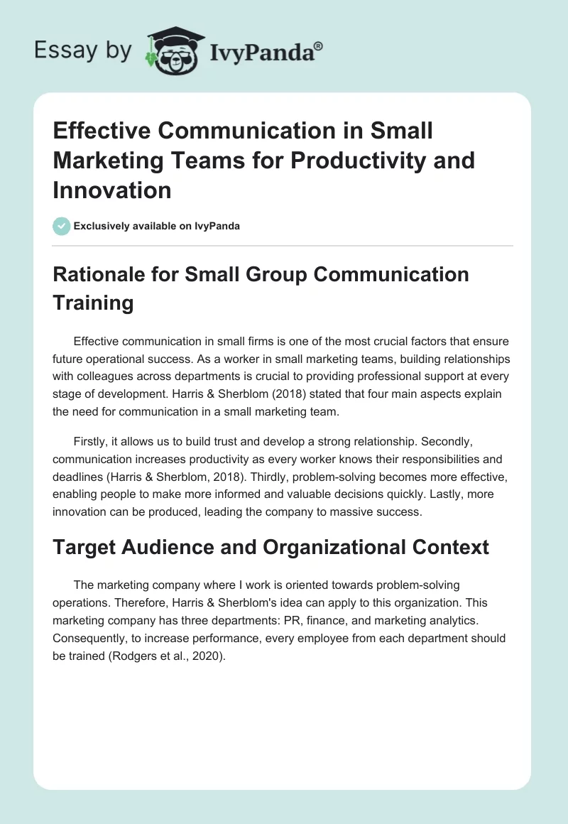 Effective Communication in Small Marketing Teams for Productivity and Innovation. Page 1