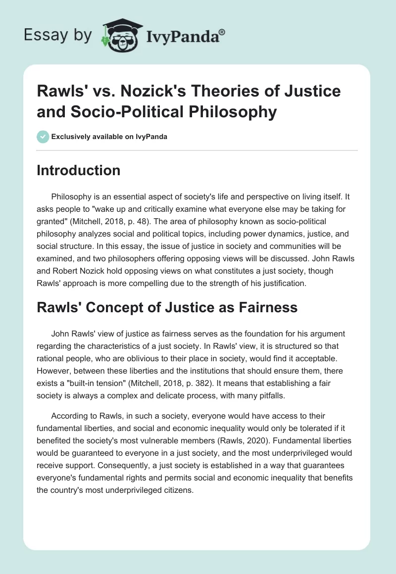 Rawls' vs. Nozick's Theories of Justice and Socio-Political Philosophy. Page 1