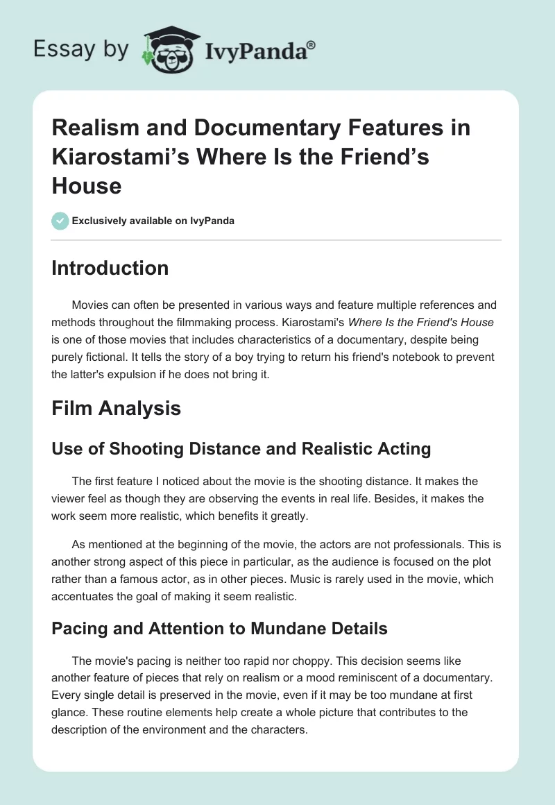 Realism and Documentary Features in Kiarostami’s Where Is the Friend’s House. Page 1
