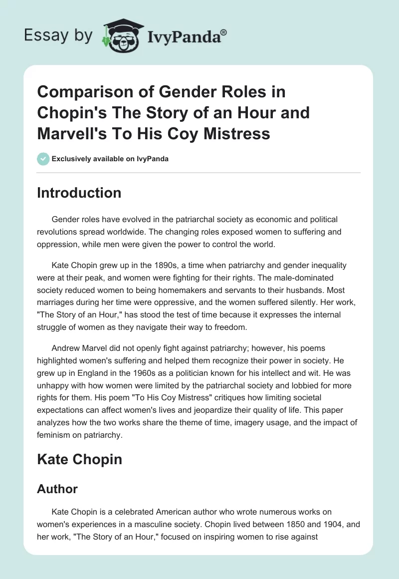 Comparison of Gender Roles in Chopin's The Story of an Hour and Marvell's To His Coy Mistress. Page 1