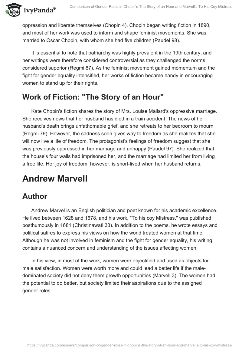 Comparison of Gender Roles in Chopin's The Story of an Hour and Marvell's To His Coy Mistress. Page 2