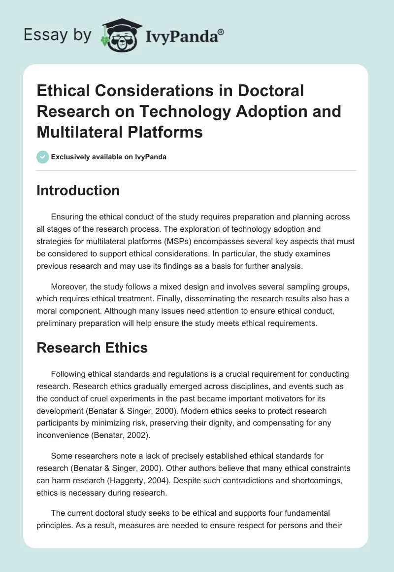 Ethical Considerations in Doctoral Research on Technology Adoption and Multilateral Platforms. Page 1