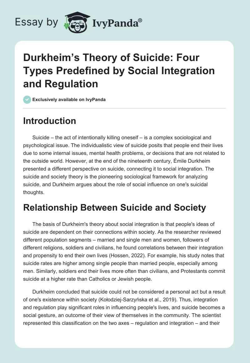Durkheim’s Theory of Suicide: Four Types Predefined by Social Integration and Regulation. Page 1