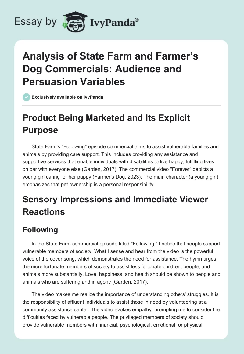 Analysis of State Farm and Farmer’s Dog Commercials: Audience and Persuasion Variables. Page 1