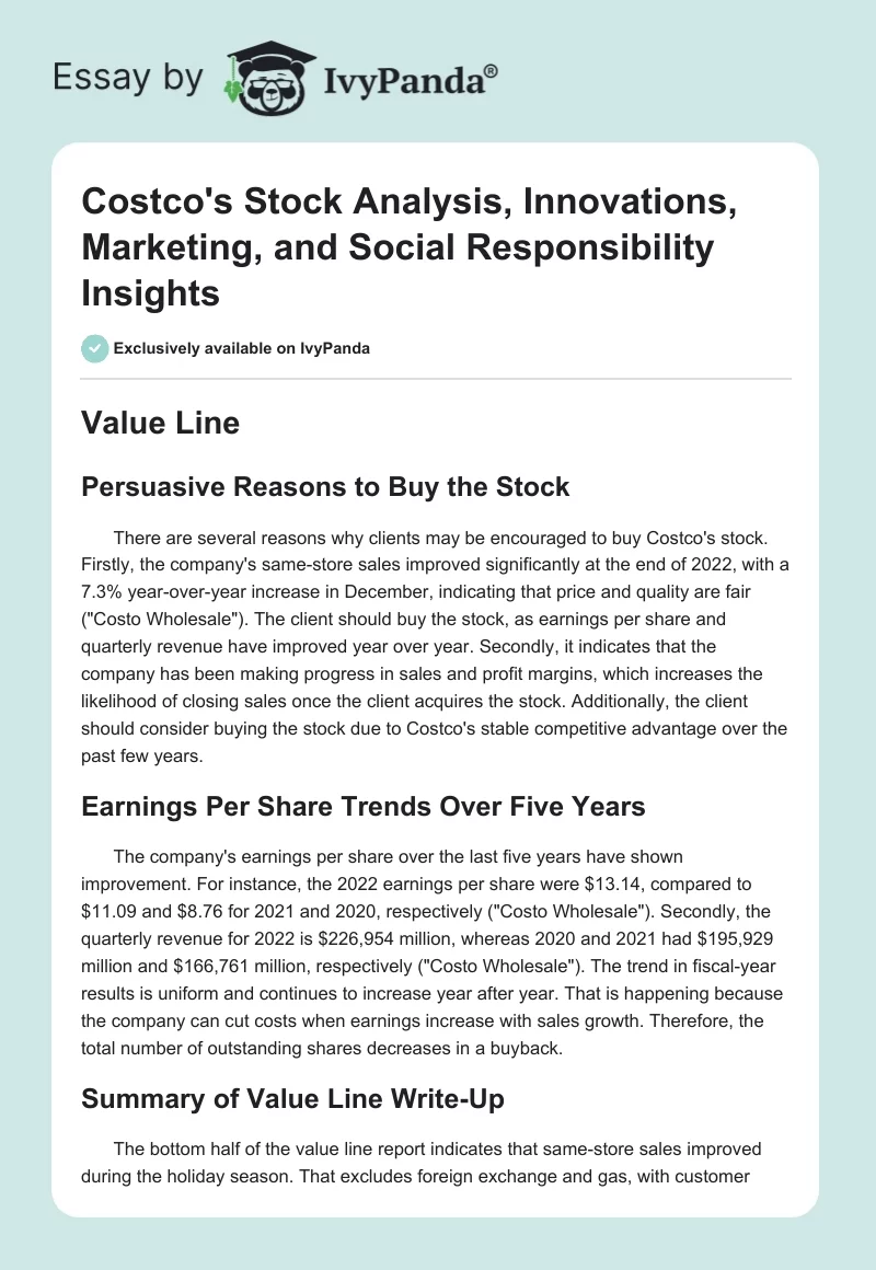 Costco's Stock Analysis, Innovations, Marketing, and Social Responsibility Insights. Page 1
