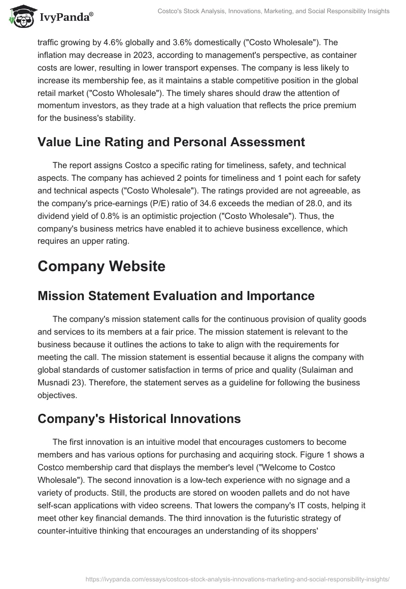 Costco's Stock Analysis, Innovations, Marketing, and Social Responsibility Insights. Page 2