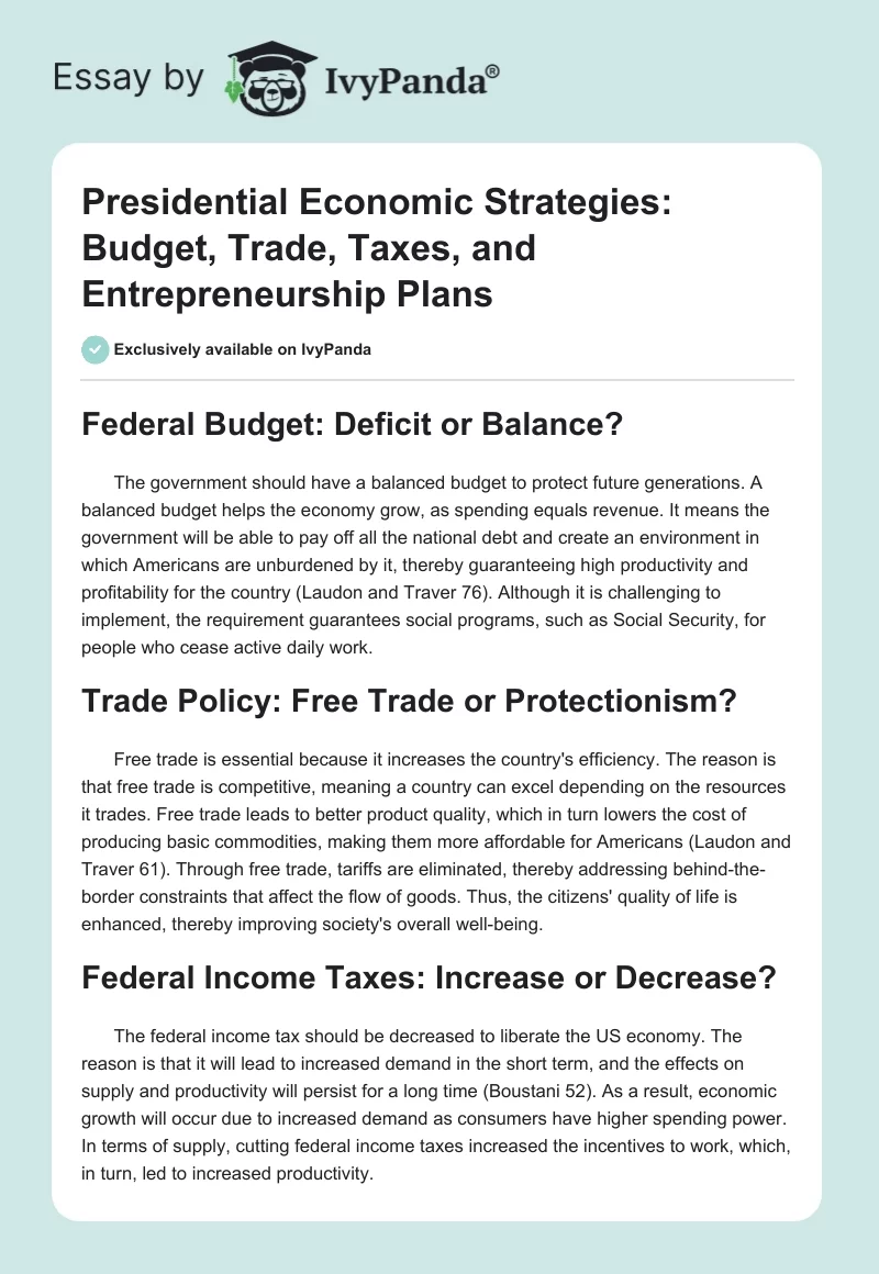 Presidential Economic Strategies: Budget, Trade, Taxes, and Entrepreneurship Plans. Page 1