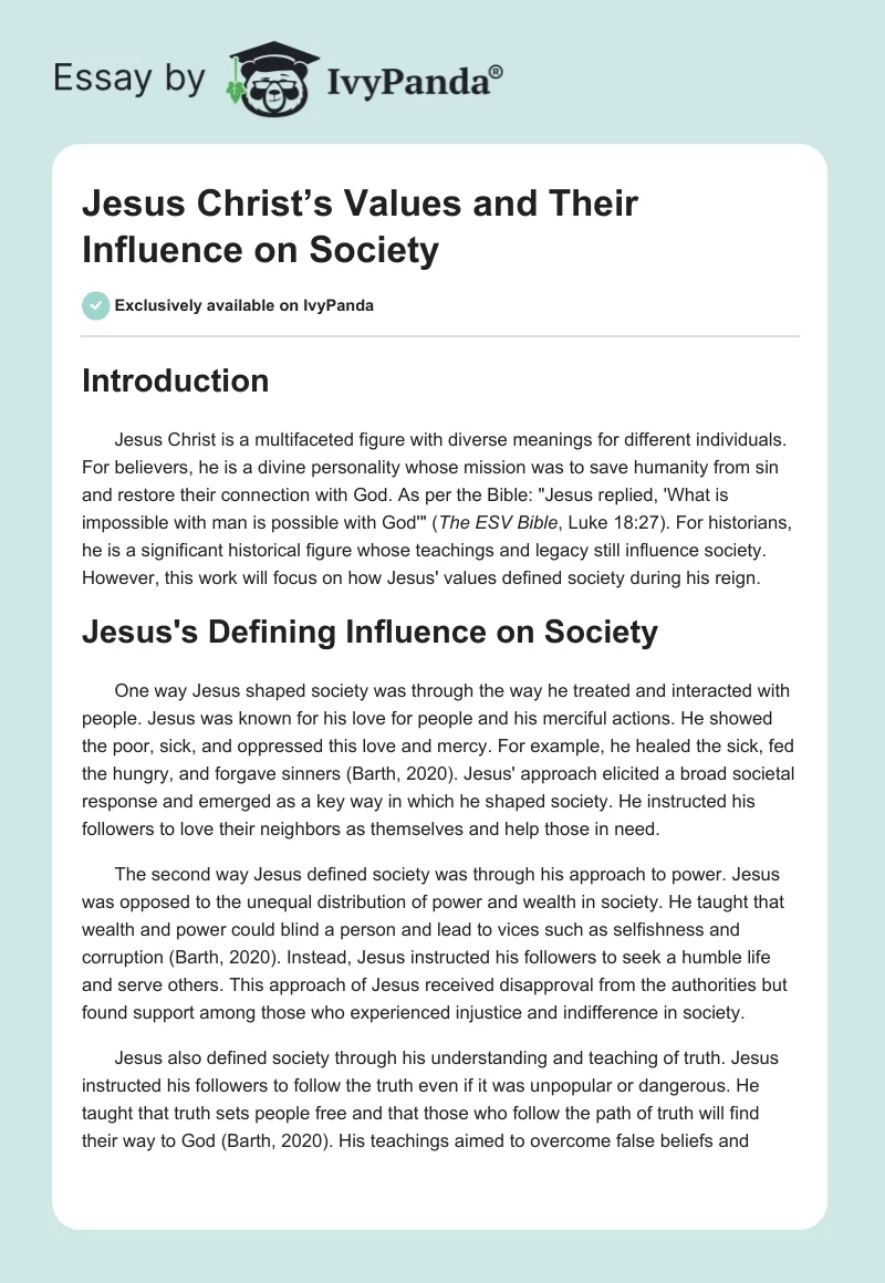 Jesus Christ’s Values and Their Influence on Society. Page 1