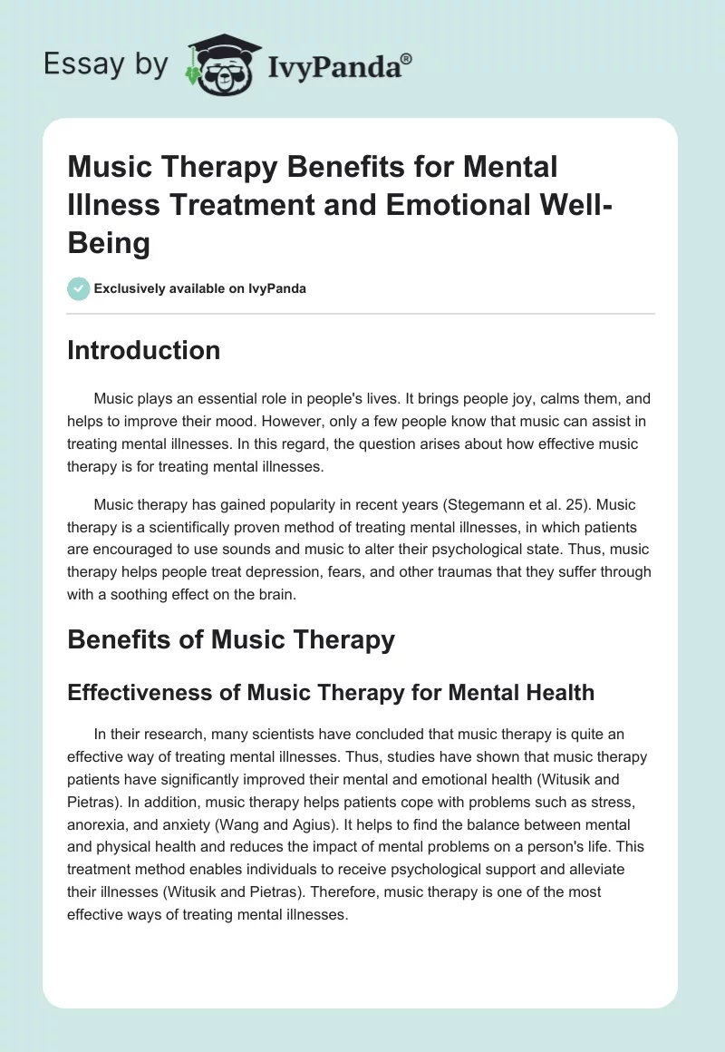 Music Therapy Benefits for Mental Illness Treatment and Emotional Well-Being. Page 1