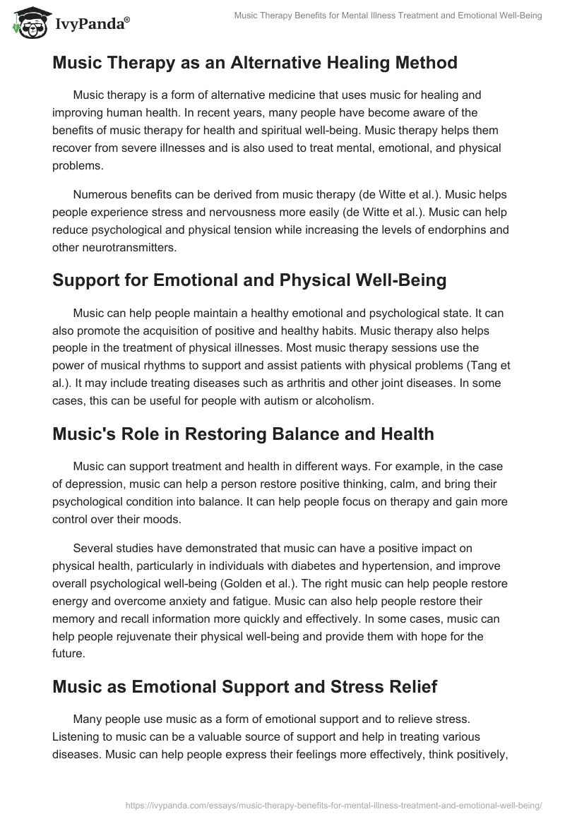 Music Therapy Benefits for Mental Illness Treatment and Emotional Well-Being. Page 2