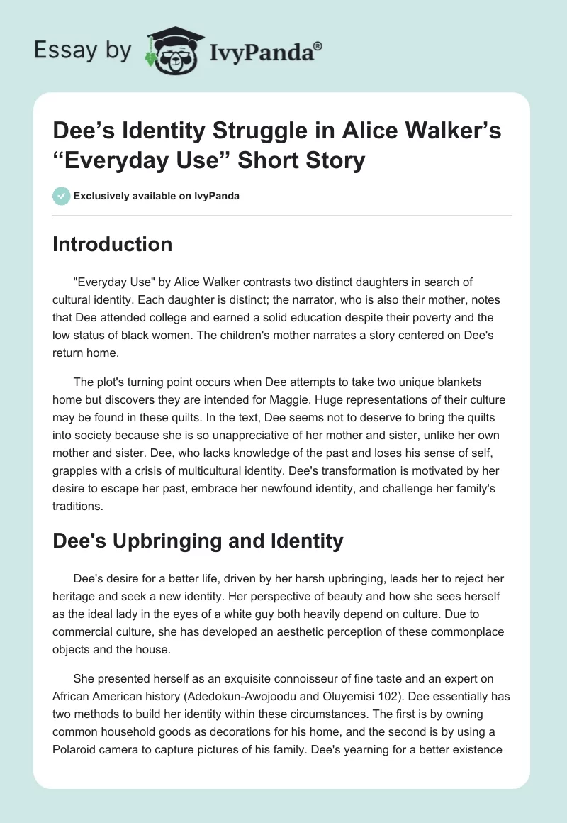 Dee’s Identity Struggle in Alice Walker’s “Everyday Use” Short Story. Page 1