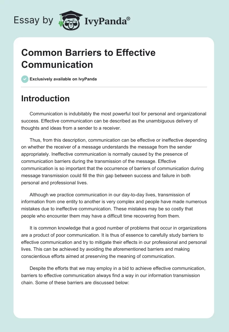 Common Barriers to Effective Communication. Page 1