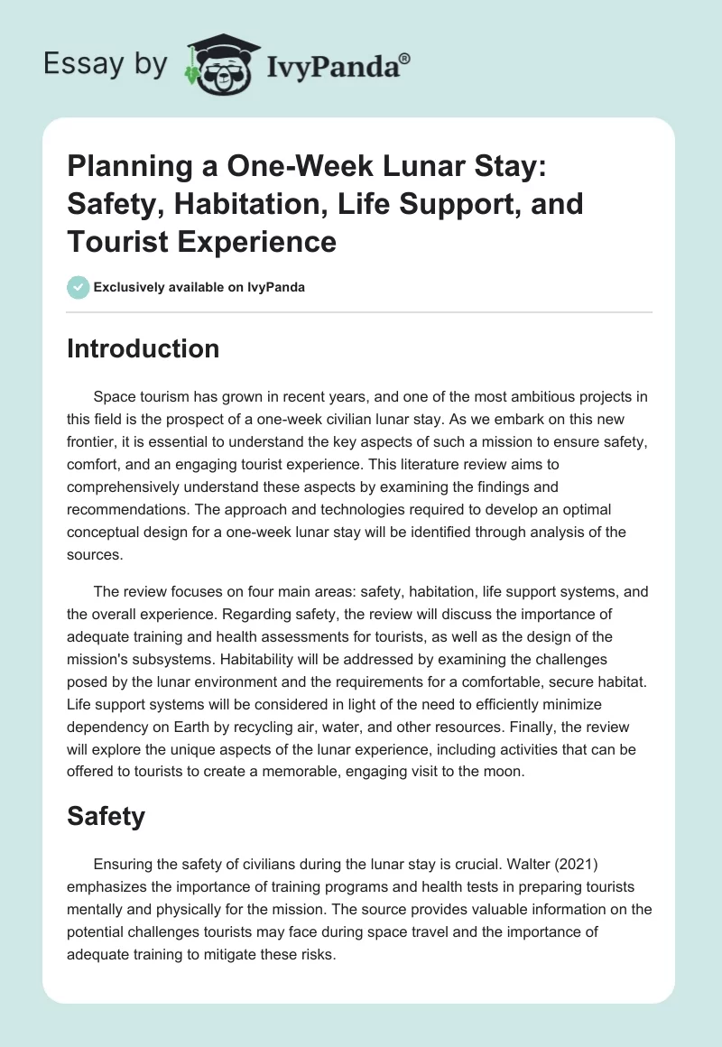 Planning a One-Week Lunar Stay: Safety, Habitation, Life Support, and Tourist Experience. Page 1