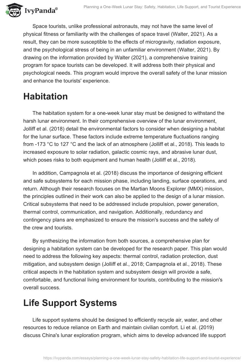 Planning a One-Week Lunar Stay: Safety, Habitation, Life Support, and Tourist Experience. Page 2
