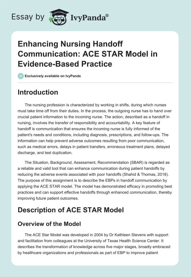 Enhancing Nursing Handoff Communication: ACE STAR Model in Evidence-Based Practice. Page 1