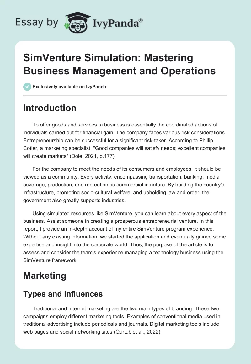 SimVenture Simulation: Mastering Business Management and Operations. Page 1