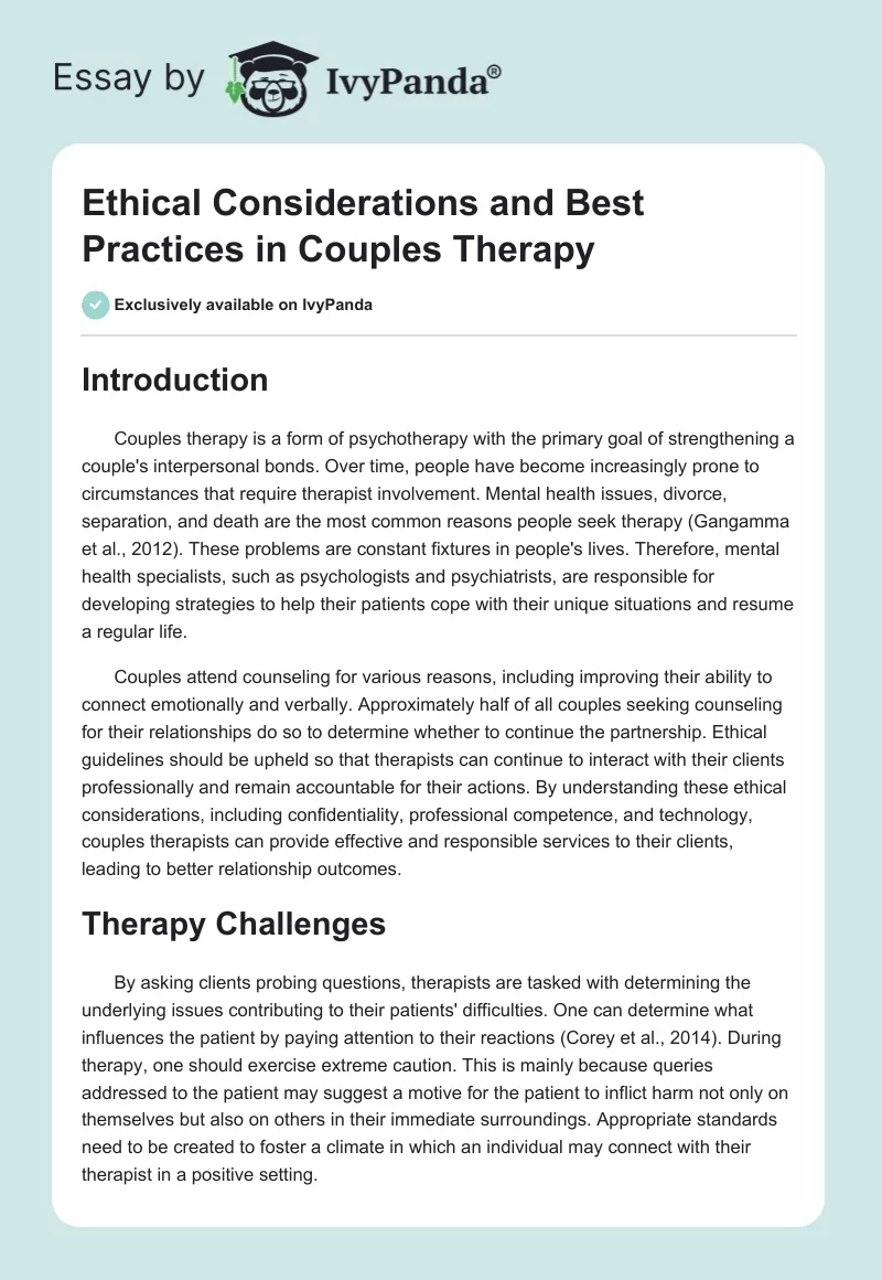 Ethical Considerations and Best Practices in Couples Therapy. Page 1