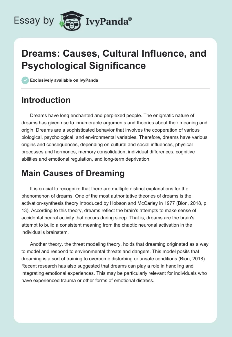 Dreams: Causes, Cultural Influence, and Psychological Significance. Page 1