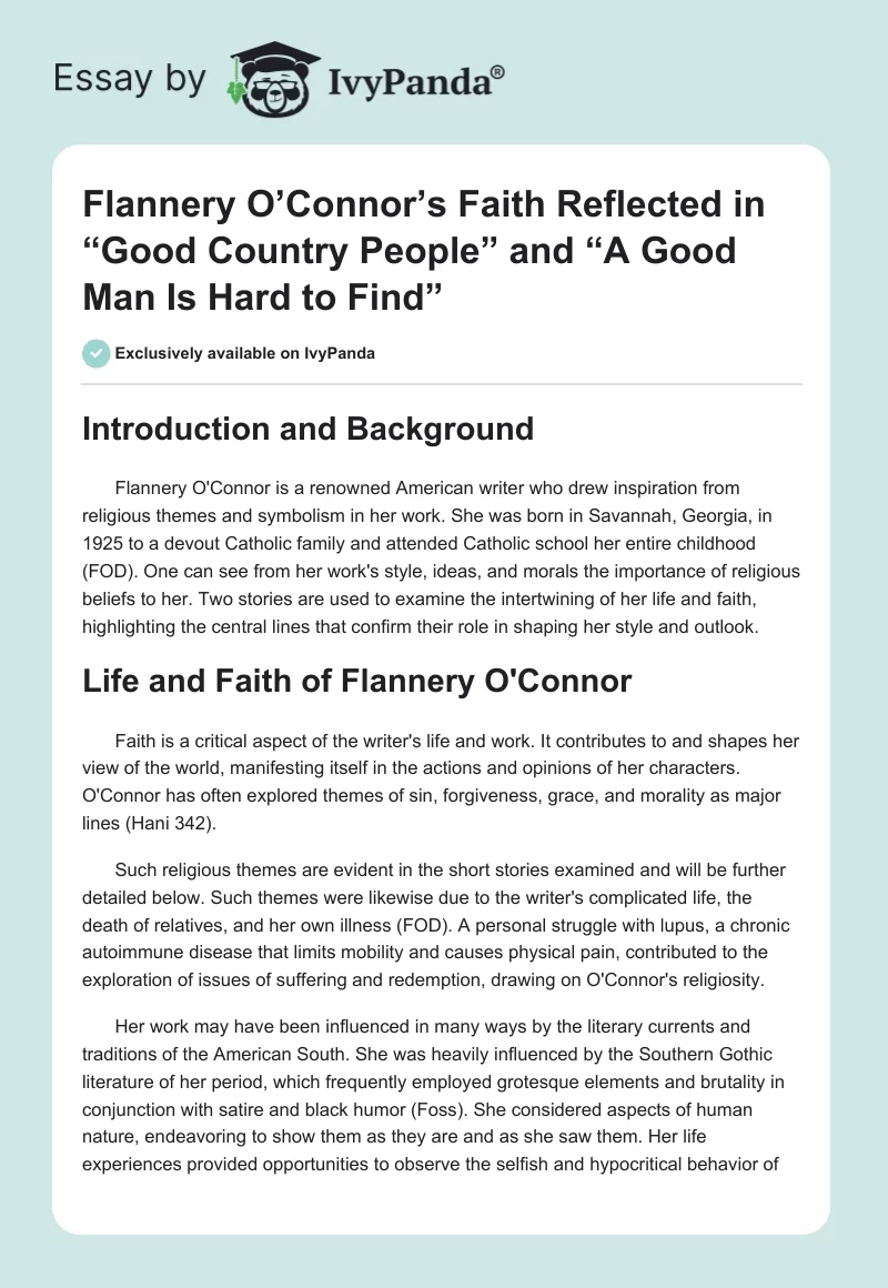 Flannery O’Connor’s Faith Reflected in “Good Country People” and “A Good Man Is Hard to Find”. Page 1
