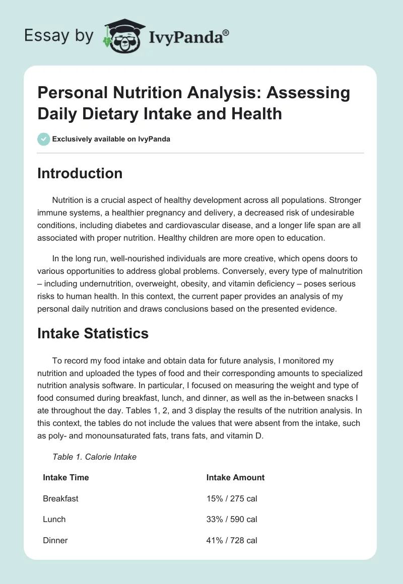 Personal Nutrition Analysis: Assessing Daily Dietary Intake and Health. Page 1