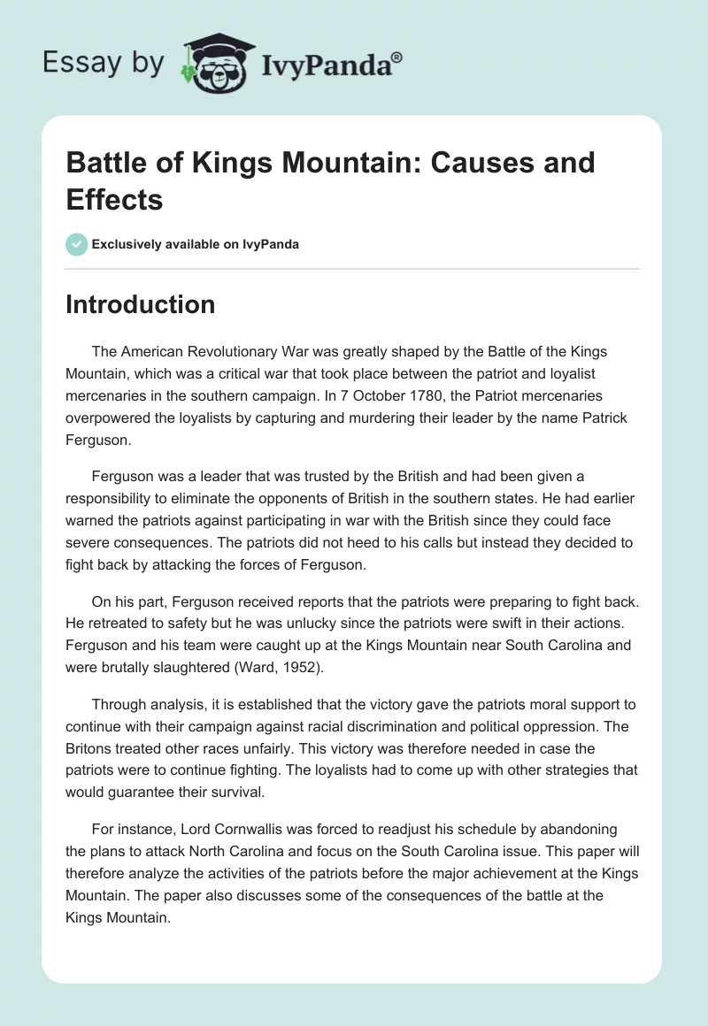 Battle of Kings Mountain: Causes and Effects. Page 1