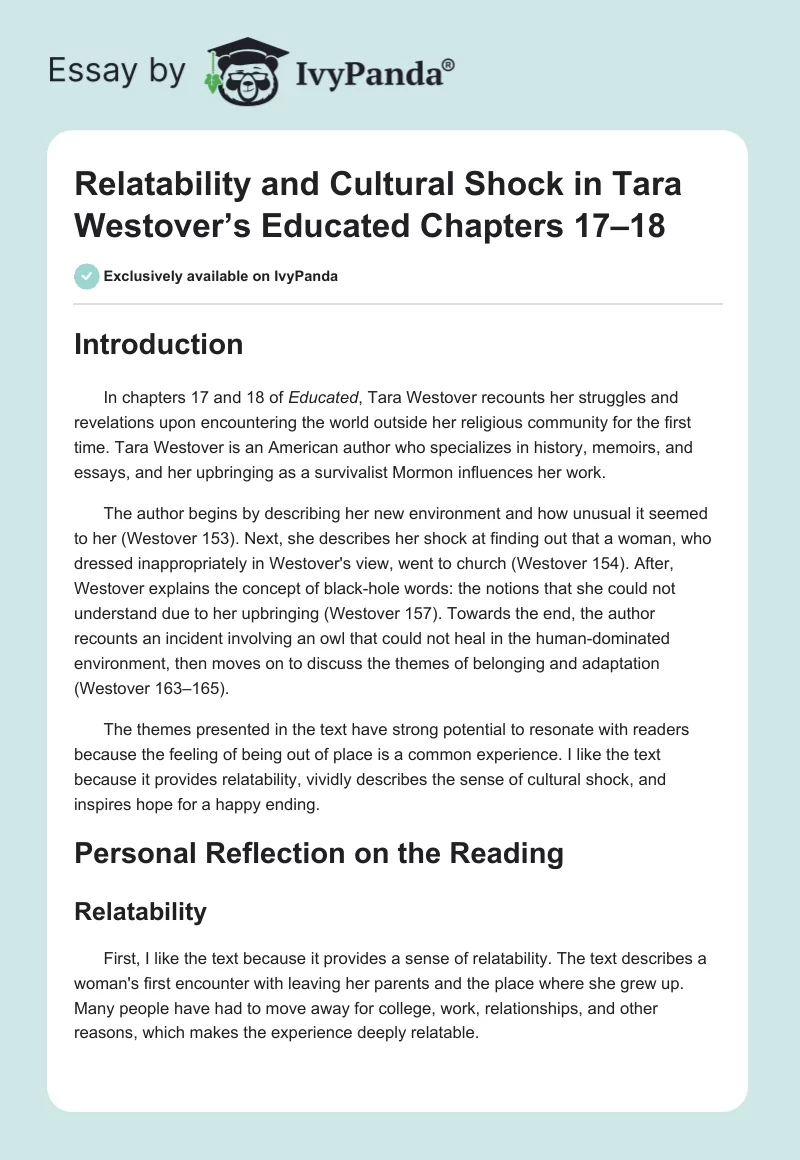 Relatability and Cultural Shock in Tara Westover’s Educated Chapters 17–18. Page 1